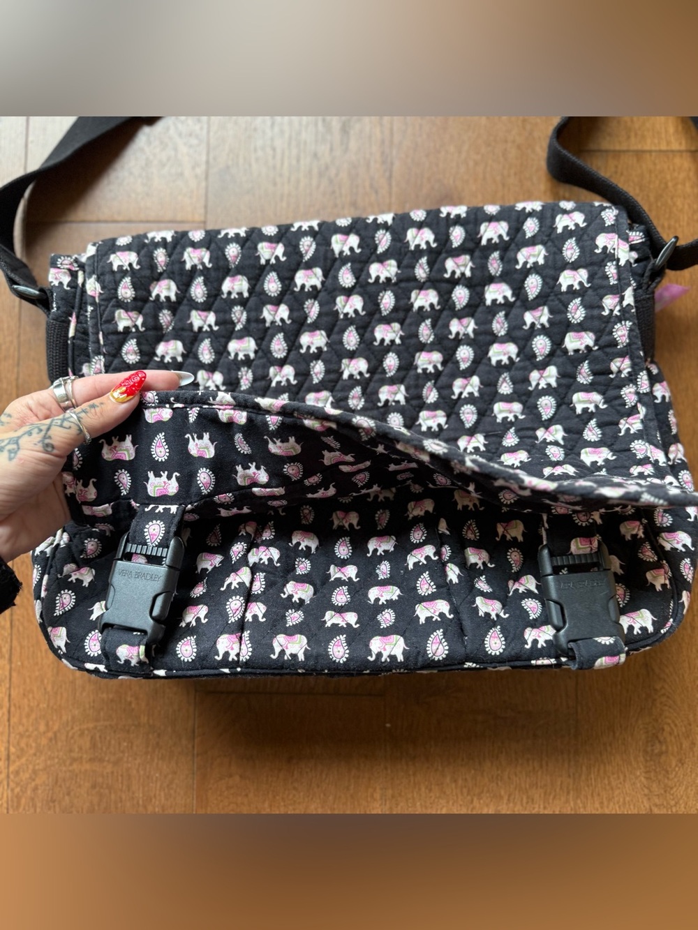 Vera Bradley Quilted Black Crossbody Laptop Bag with Pink & White Elephant Print - Picture 2 of 10
